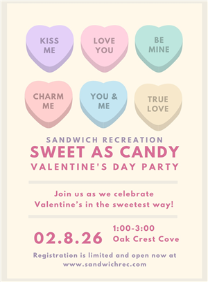 Sweet as Candy Event flyer includes candy hearts and program information