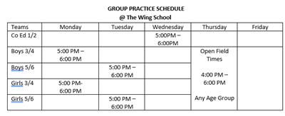 photo of practice times at the wing school