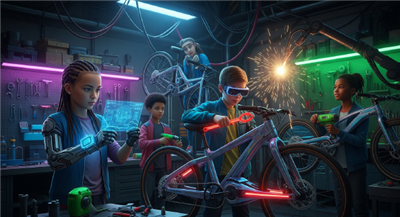 photo of boys and girls fixing bikes in a group setting