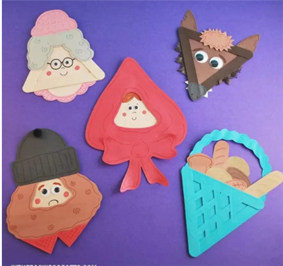 picture of a little red riding hood craft with the wolf, grandma, and a basket of goodies
